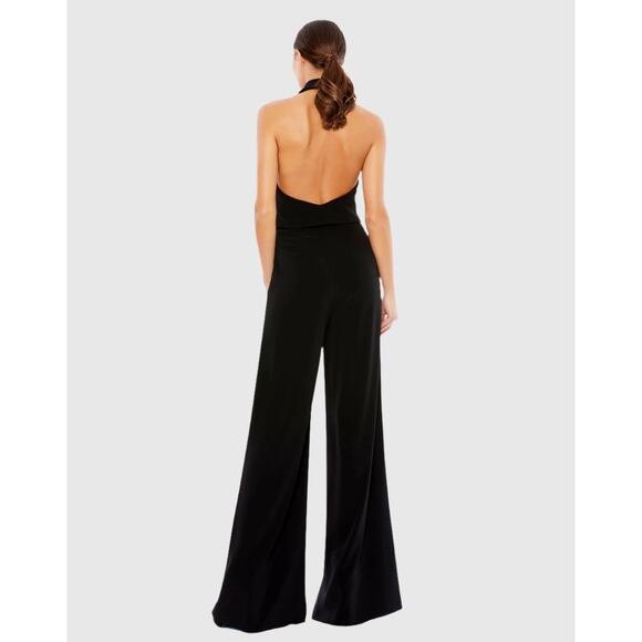 Mac Duggal 2643 Jet Black Tuxedo Halter Sleeveless Wide Leg Jumpsuit Size 2 NWT - Picture 2 of 6